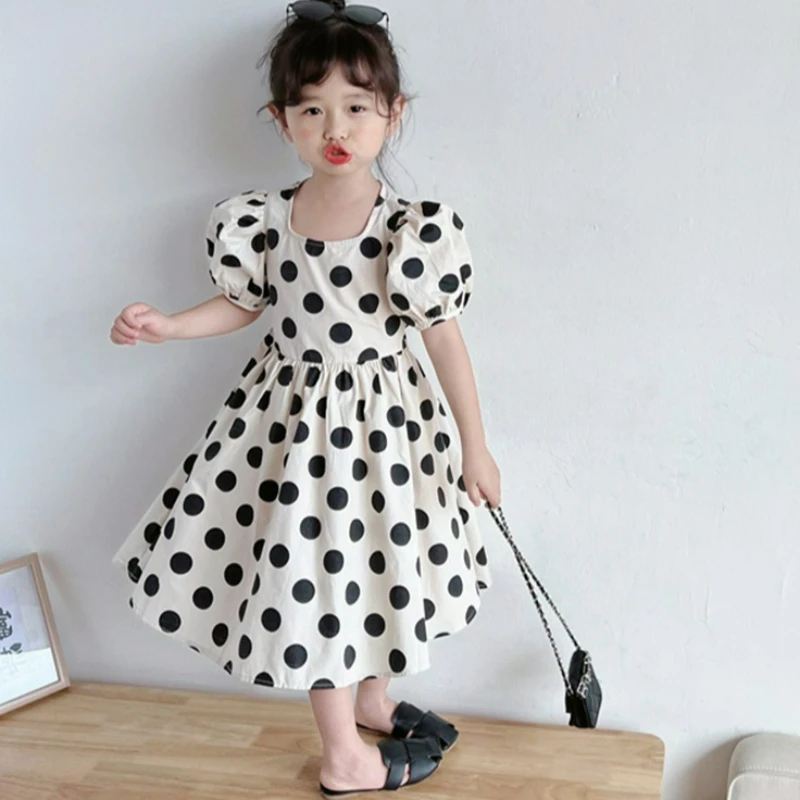 2026 Summer Girls Polka Dot Tie Waist Cutout Dress Princess Style Kids Dress 2-6Y Children Clothes