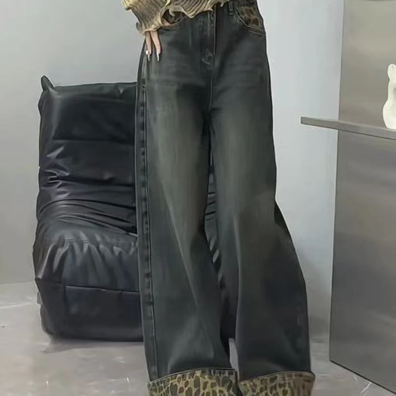 الأمريكية خمر ليوبارد لصق جان توالت حافة زر جيب فضفاض عالية الخصر الكاحل طول السراويل الشارع نمط امرأة الخريف #1