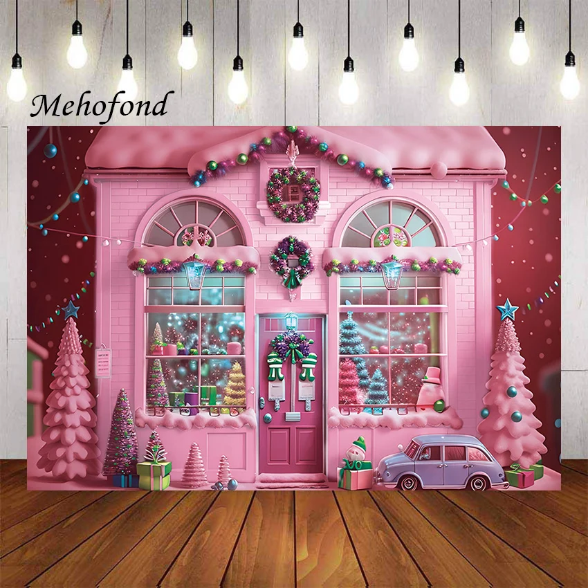 Mehofond Photography Background Pink Christmas Window Winter Xmas Tree Family Holiday Party Portrait Decor Backdrop Photo Studio