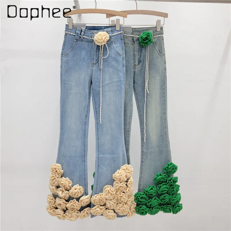 

3D Flowers Distressed Denim Jean Trousers for Women 2024 Spring and Summer New Streetwear Woman High Waist Skinny Blue Jeans