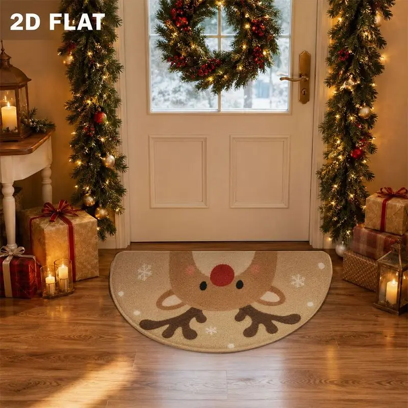 VIKAMA Cute Reindeer Semicircle Rug Christmas Welcome Mat Red Nose Winter Entryway Rug Front Porch Xmas Home Decoration
