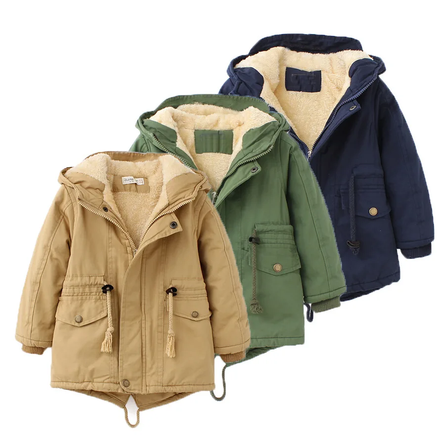 Winter-Wärmejacke für Jungen und Mädchen aus Baumwolle mit Kapuze, Reißverschluss, dickem Fleecefutter, winddichter Parka mit Cargotaschen, Kinder-Outfit, Oberteil 3-10 Jahre