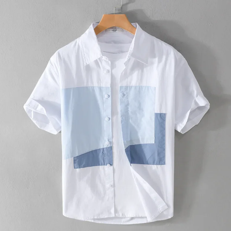 Men Summer Short Sleeved Color Matching Shirt Fashionable and Handsome Young Cotton Shirt Popular and Versatile Top