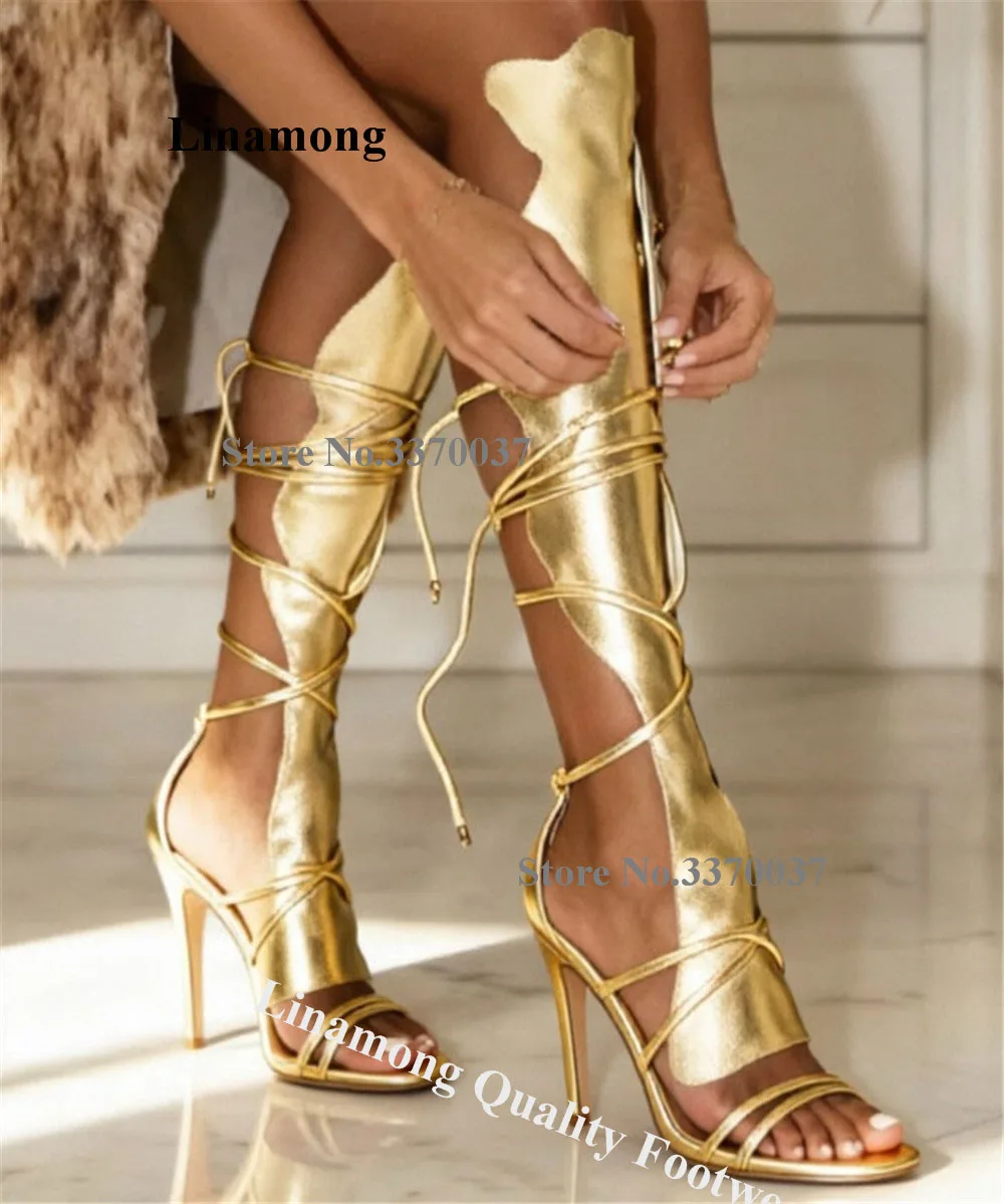Sexy Gold Silver Strappy Stiletto Heel Knee High Gladiator Boots product photo