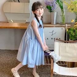 Girls Dress Summer New Korean Pure Cotton Solid Color Round Neck Pleated Princess sleeveless Dress Kids Clothes Girls