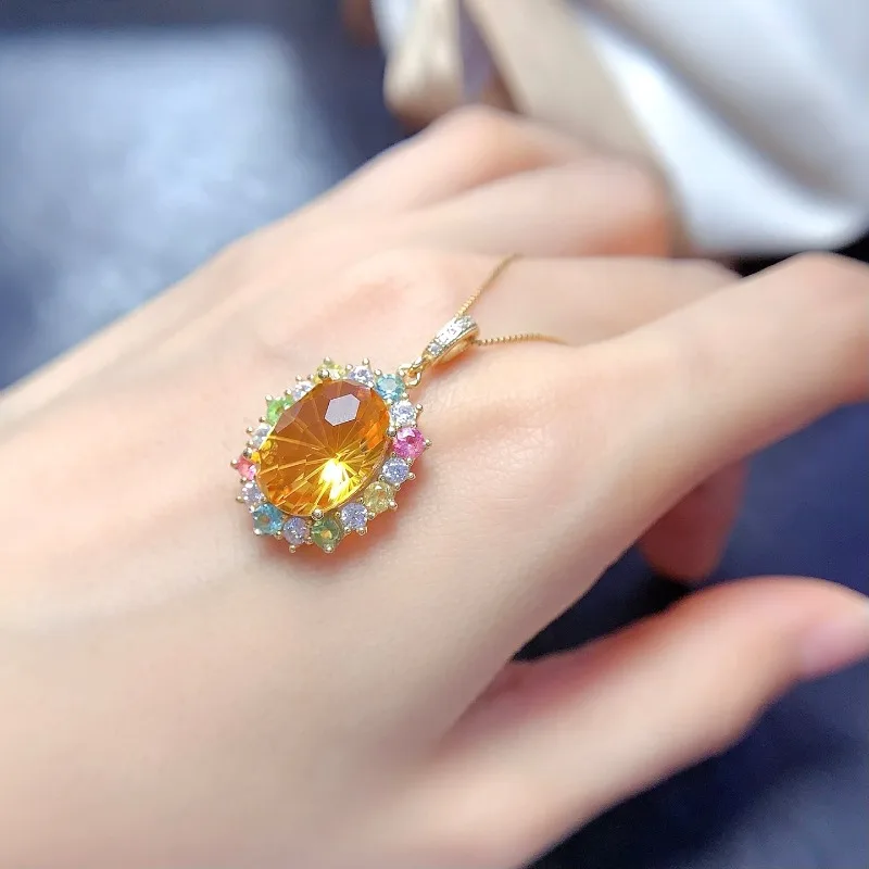 100%Natural Citrine Pendant Real 925 Solid Sterling Silver Jewelry 10X14mm Yellow Gemstone Necklace for Women Gift