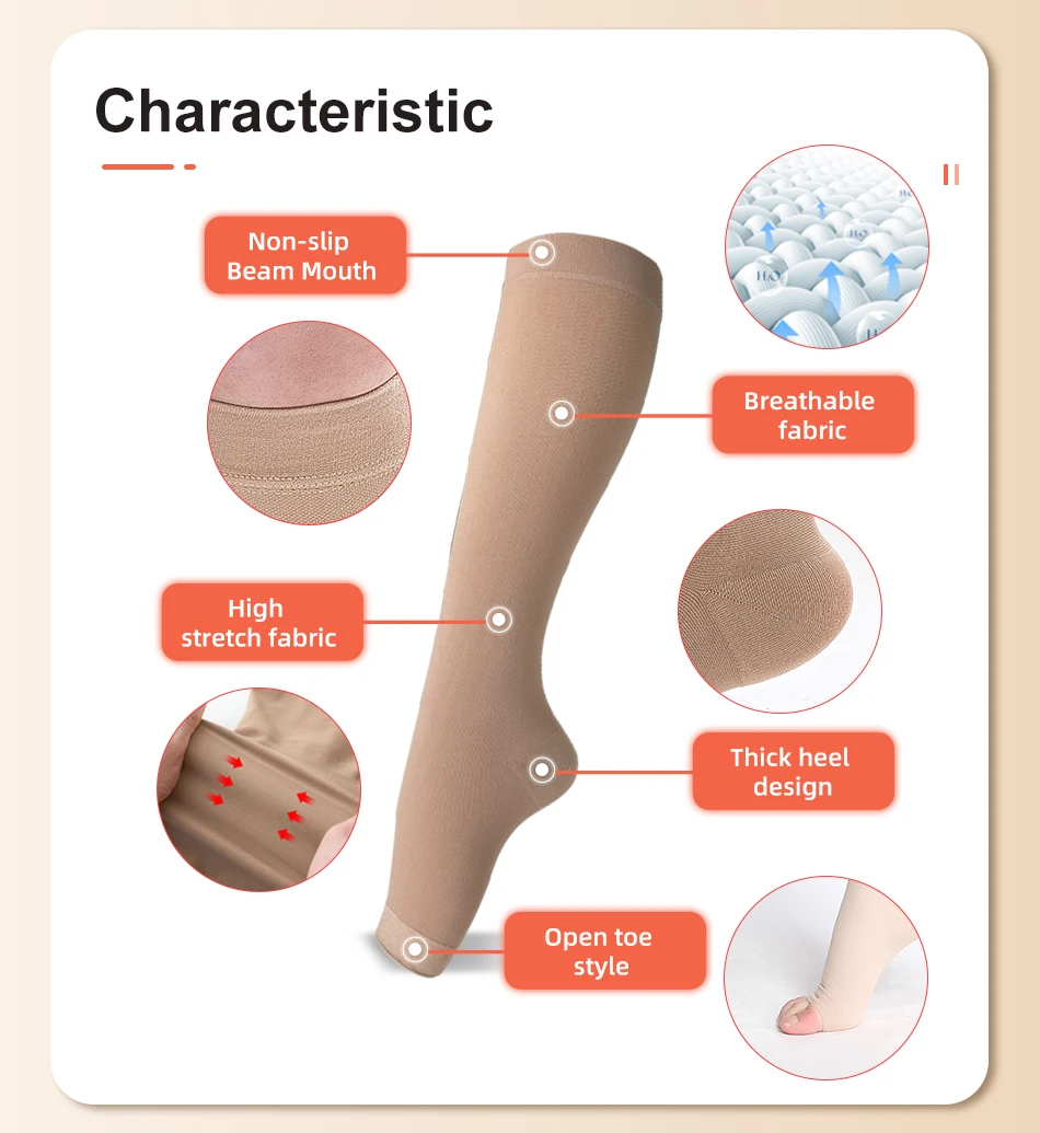 Leg beauty 15-21mmhg kniehohe Kompression strümpfe medizinische Waden socken mit offenen Zehen Krampfadern behandeln die Formung des abgestuften Drucks – Detail 4