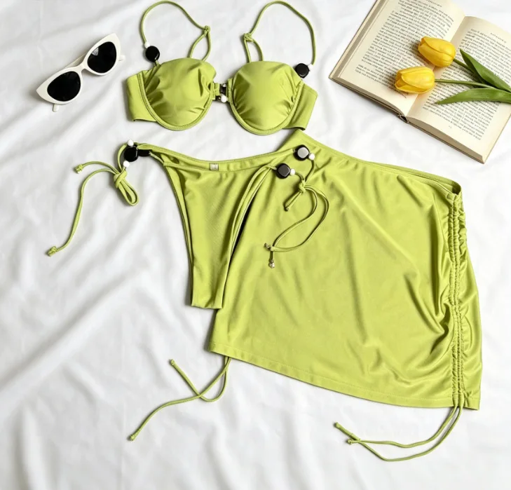 Green 3Pcs Bandeau Biquini 2026 Women Sexy Swimsuit Push Up Swimwear Female Swimming Suits Low Waisted Bathingsuit Beachwear