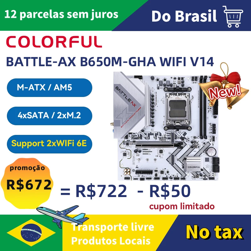 Do Brazil COLORFUL BATTLE-AX B650M-GHA WIFI V14 AM5 Motherboard 2xDDR5 4xSATA 2xM.2 Double Channel B650M Mainboard for AMD 7500F