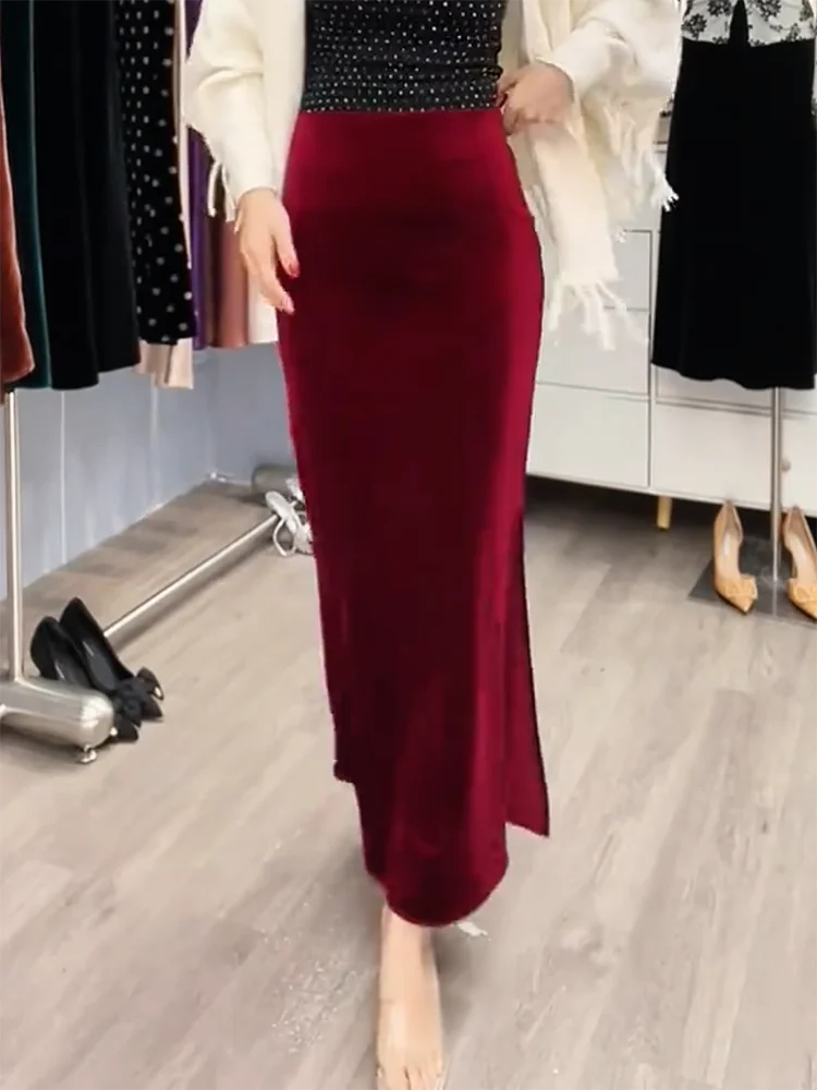 Wine Red Velvet Half Skirt Lazy Side Split Design Simple Wrap around Fish Tail Skirt Autumn Winter New Style Commute Korean S... view 3
