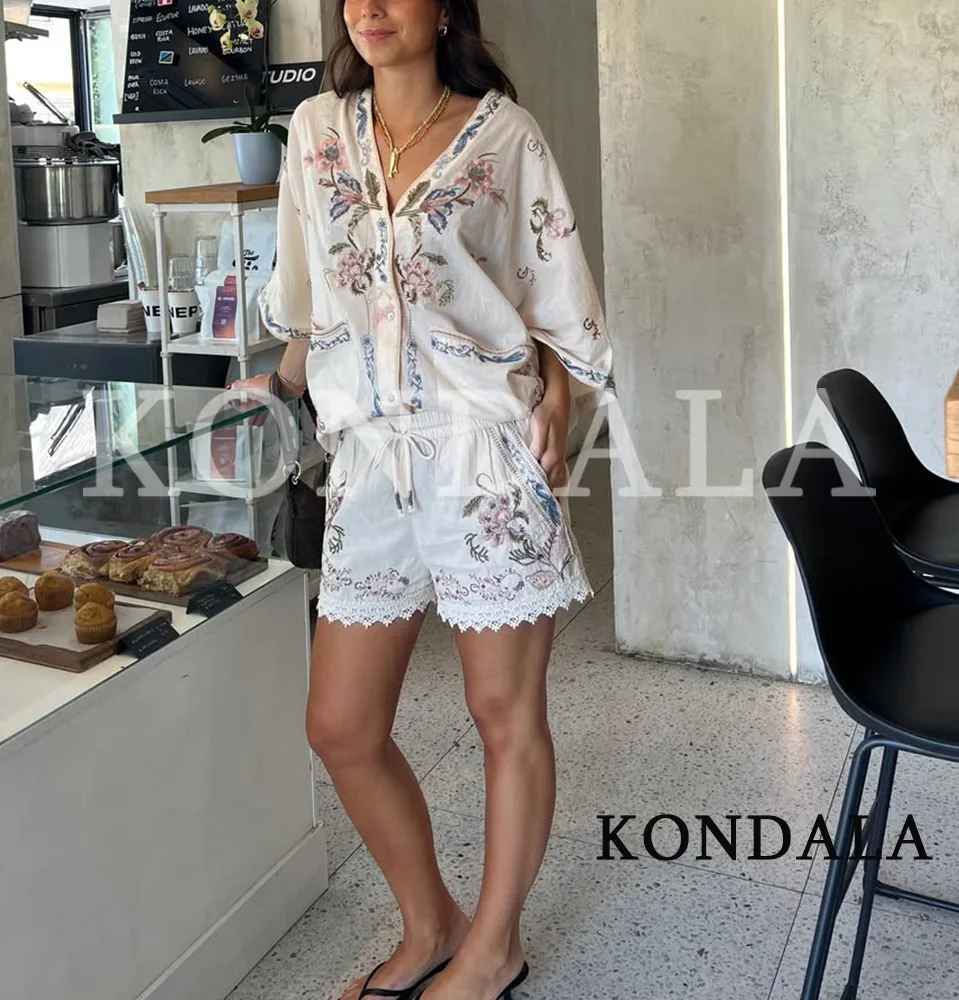 KONDALA Women Embroidered Vacation Shorts Set Loose V-neck Shirt Elastic Waist Shorts Fashion 2026 Summer Fall Leisure Lady Set view 5