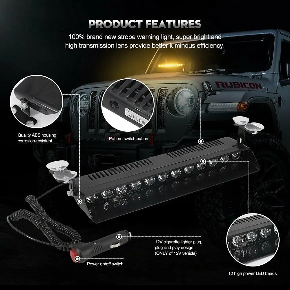Led Emergency Strobe Light Windshield Warning Lamp 12-Led Interior Dashboard Flashing Lights with Caution 12V for Car Truck SUV