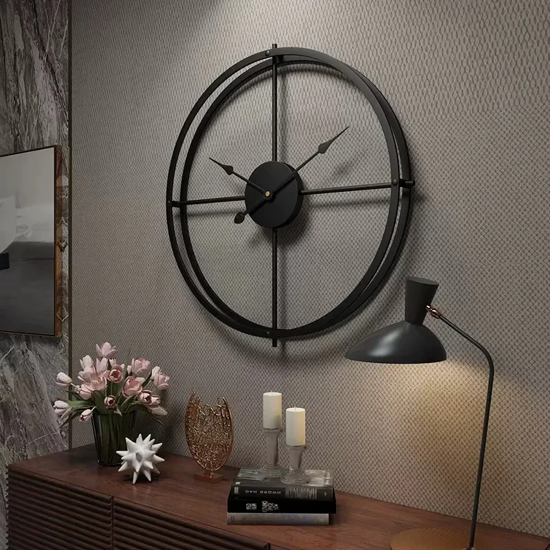 

Creative wall clock wrought iron flat tube double-layer hanging clock living room metal clock study decoration clock
