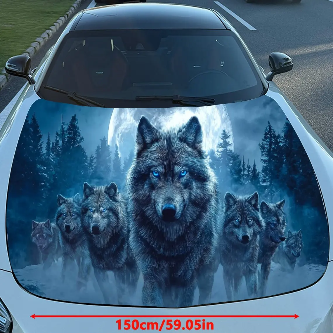 Ice Field Blue-Eyed Wolf Pack Car Vinyl Wrap, PVC Material Waterproof Car Hood Sticker, Self-Adhesive Scratch-Resistant Stickers