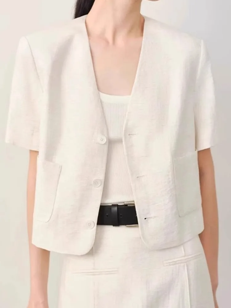 Fashionable Pure Color Linen Casual Short Sleeve Suit Jacket Comfortable Youthful Top Commute Style V-Neck Button Closure