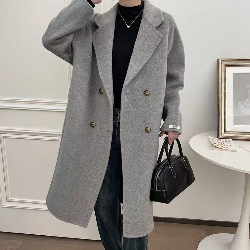 

2026 Новое модное весеннее женское шерстяное пальто с заниженной грудью, свободный стиль, кашемировая зимняя одежда, длинные пальто, топы