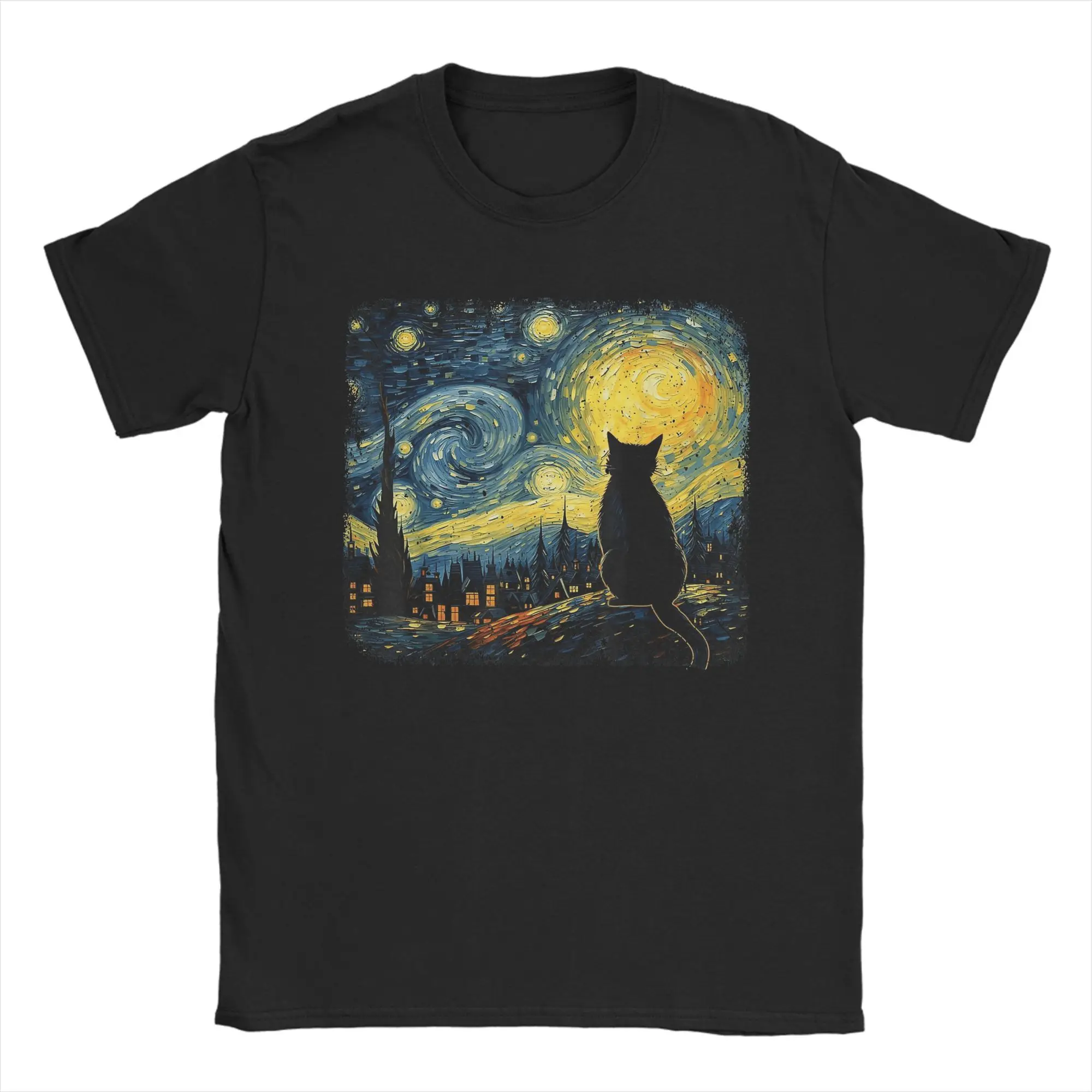 

Funny Oil Painting The Starry Cat Night T-Shirts for Men Crew Neck Pure Cotton T Shirt Short Sleeve Tees Gift Idea Clothing