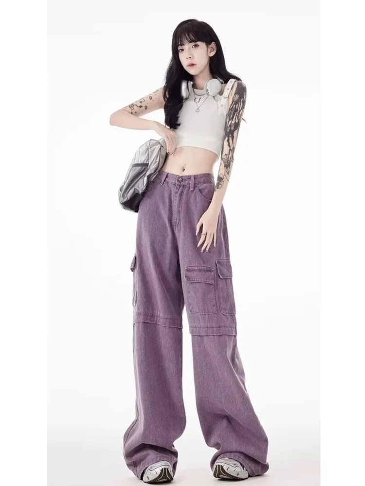 Vintage Purple Cargo Pants New Style Multi Pocket High Waist Casual Loose Drag Thin Wide Leg Pants Women\'s Jeans