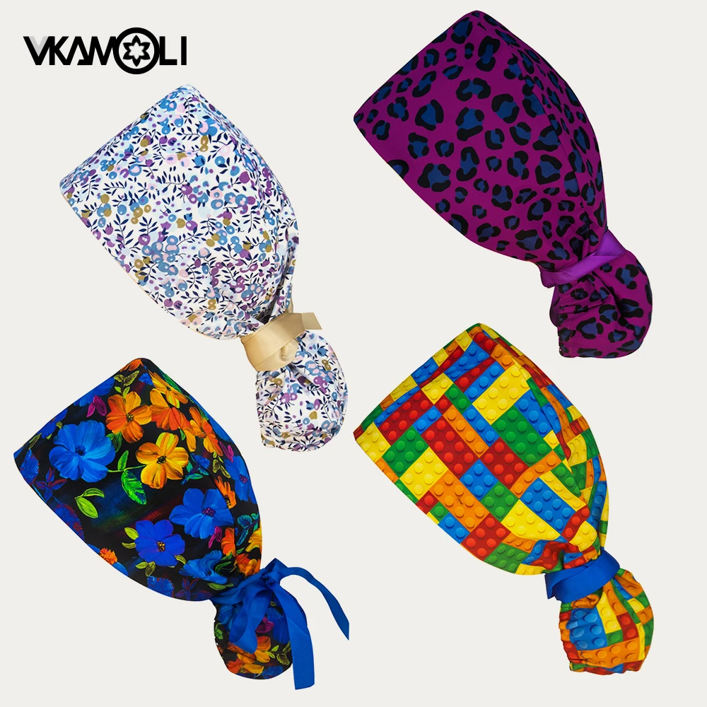 

Шапочка с хвостиком для медицинского персонала с цветочным принтом для предотвращения пыли и длинных волос Женская шапочка для химиотерапии, шапка-скраб