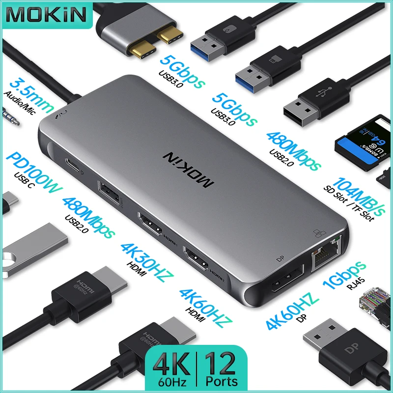 MOKiN 12-in-2 USB C Docking Station for MacBook Pro/Air: 2 HDMI + DP, 2 USB 3.0, 2 USB 2.0, Audio, RJ45, PD, SD/TF 4K 60Hz