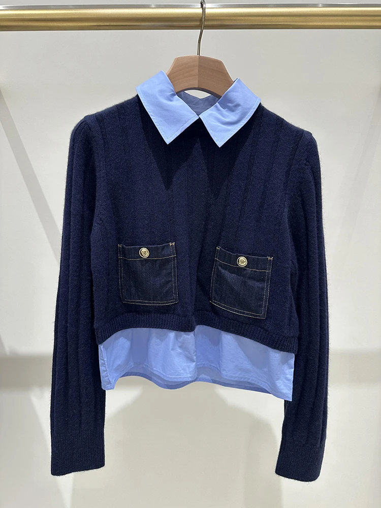 เสื้อสเวตเตอร์ไหมพรมถักแบบสองชิ้นปลอม คอปกพับ ดีไซน์ใหม่สำหรับฤดูใบไม้ร่วง แบรนด์ S Home Southern Oil คุณภาพสูงสำหรับผู้หญิง เนื้อผ้านุ่ม สวมใส่สบาย แขนยาว