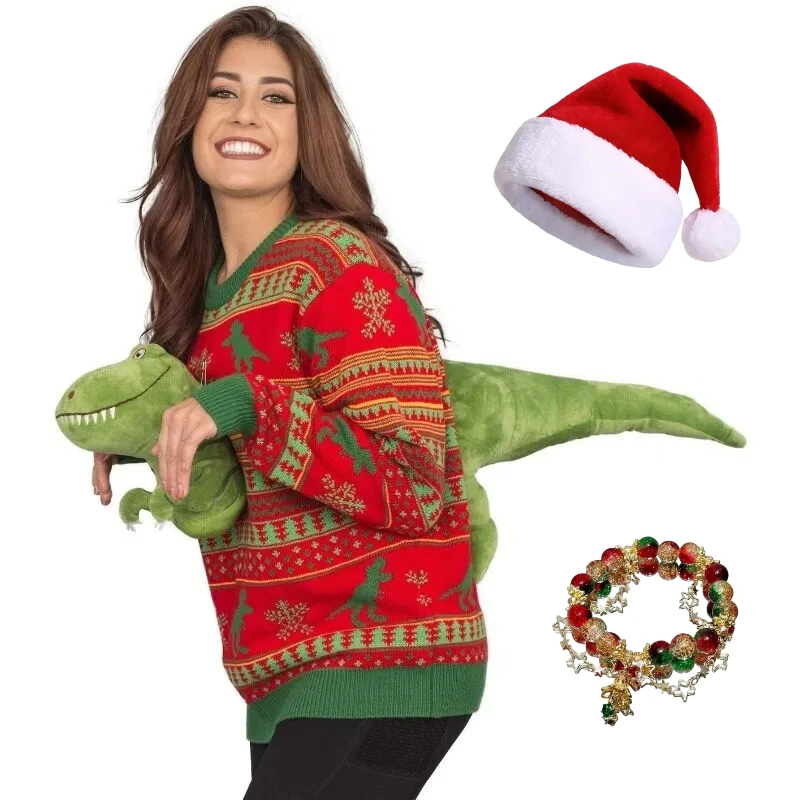 

Red and Green Adult Christmas Sweater with Dinosaur Doll Funny Top Fashion Costume for Women Men Xmas Casual Wear Winter
