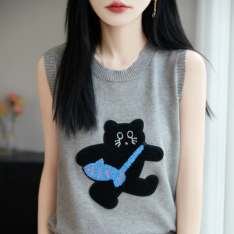 

Осень-зима 2025 г., кашемировый жилет, свитер, женский пуловер без рукавов, кашемировый жилет, свитер, топы с круглым вырезом, свитер