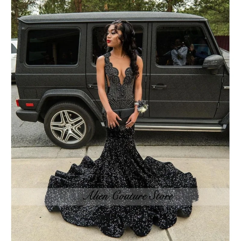 

Luxury Diamante Prom Party Dress Glitter Beaded Crystal Rhinestone Black Girl Birthday Party Vestido Longo Festa Custom