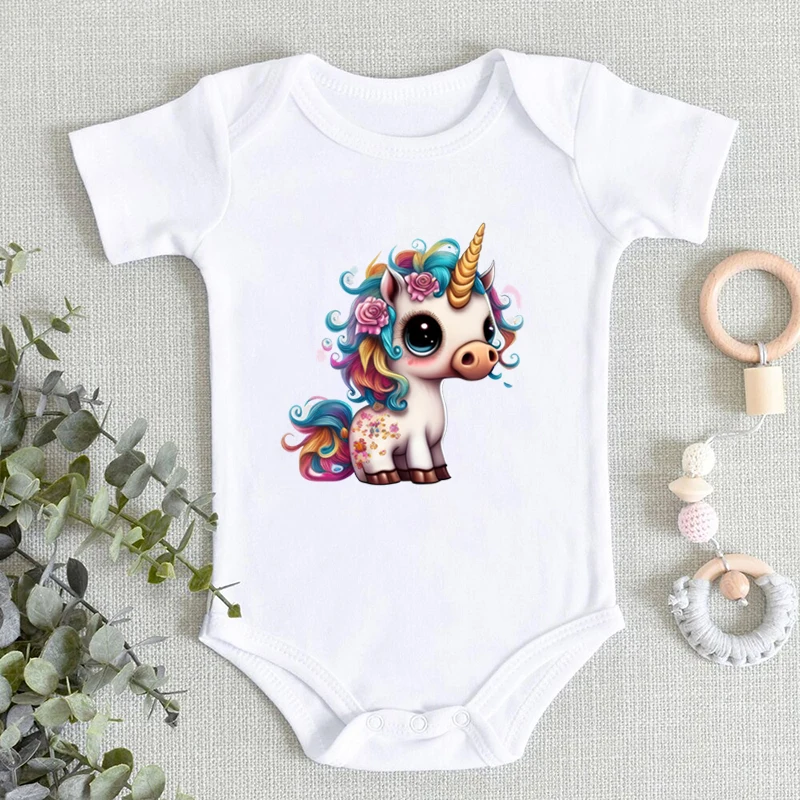 

Cute Unicorn Print Jumpsuit Summer Baby Girls Soft Short Sleeves Bodysuit Infant Pure Color Round Neck Unicorn Bodysuit