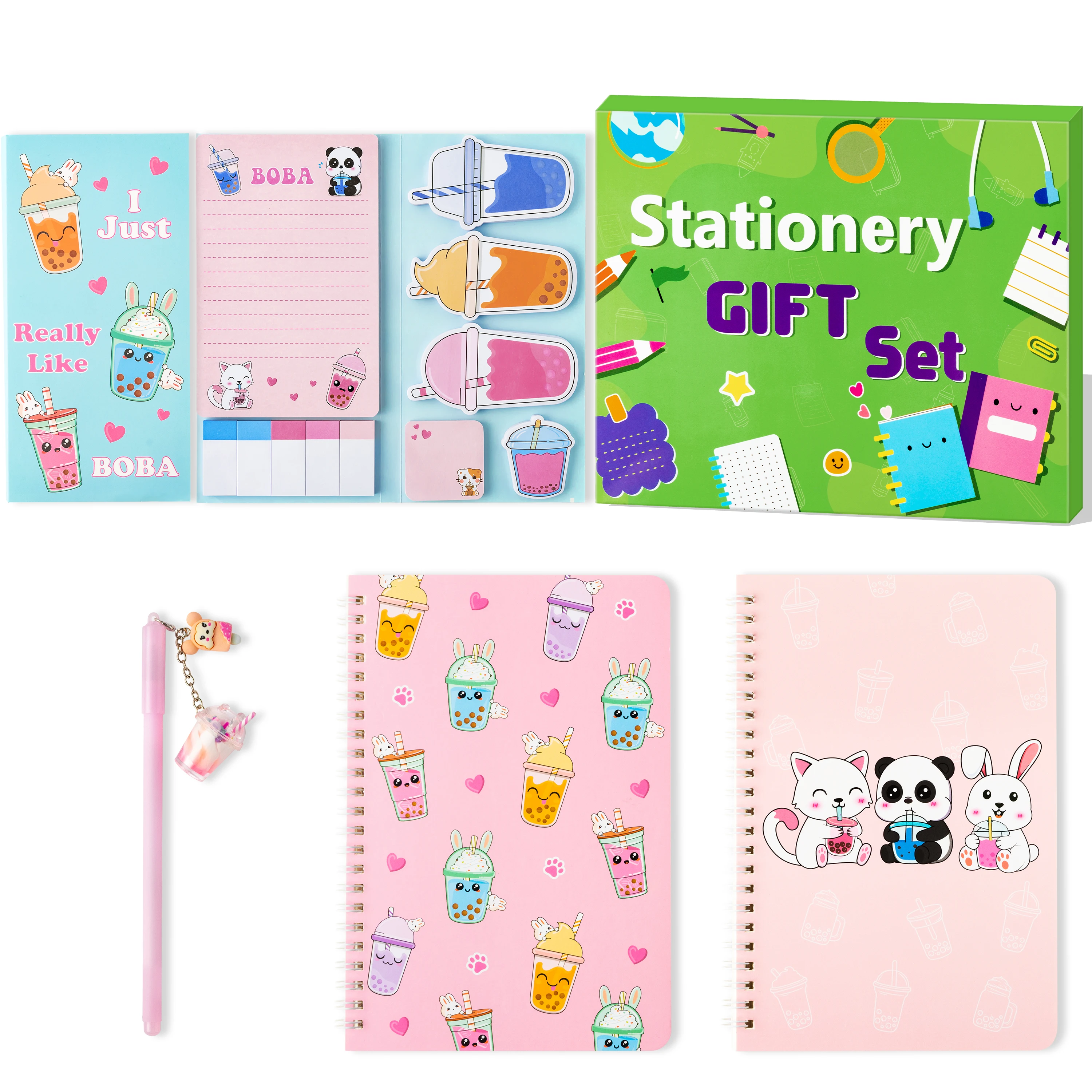 Pink Milk Tea Stationery Set - A5 Notebook Sticky Note Pad & Bubble Tea Themed Pen with Charm Gift for Students Boba Tea Lovers