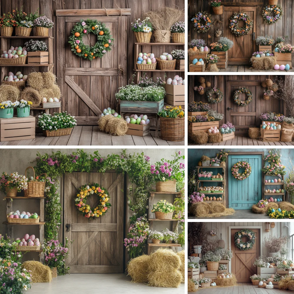 

Easter Wreath Photography Backdrop Spring Birthday Rustic Door Floral Theme Countryside Decor Photo Studio Background
