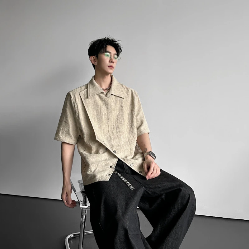 WTHT Trendy Men Solid Color Patchwork Button Design T-shirt Fashion 2026 Summer Turn Down Collar Short Sleeves Shirt Male 2A3046