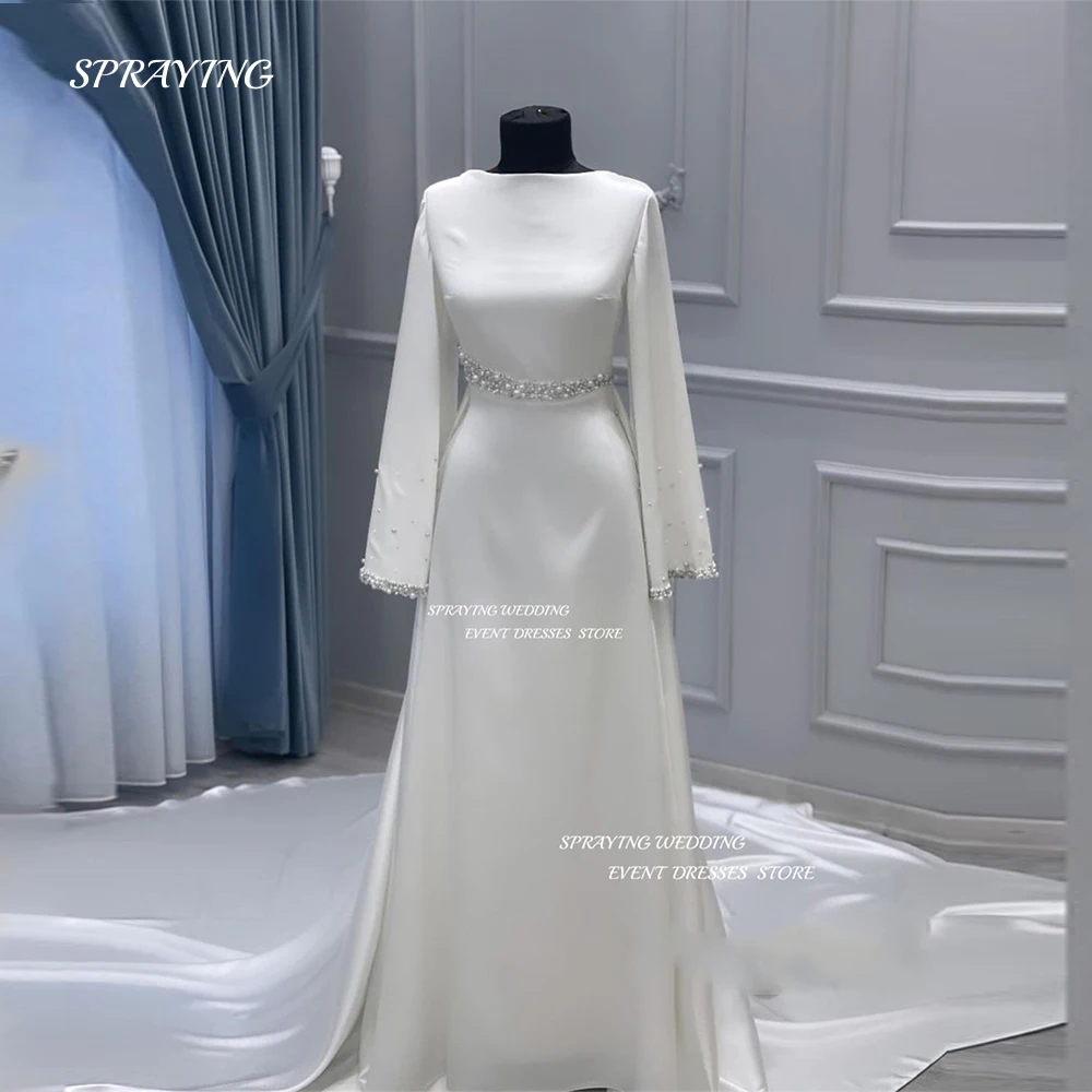 SPRAYING Elegant Shiny Pearl A Line Wedding Dress O Neck Long Sleeve For Women Dresses Floor Length Train Soft Satin Prom Gown