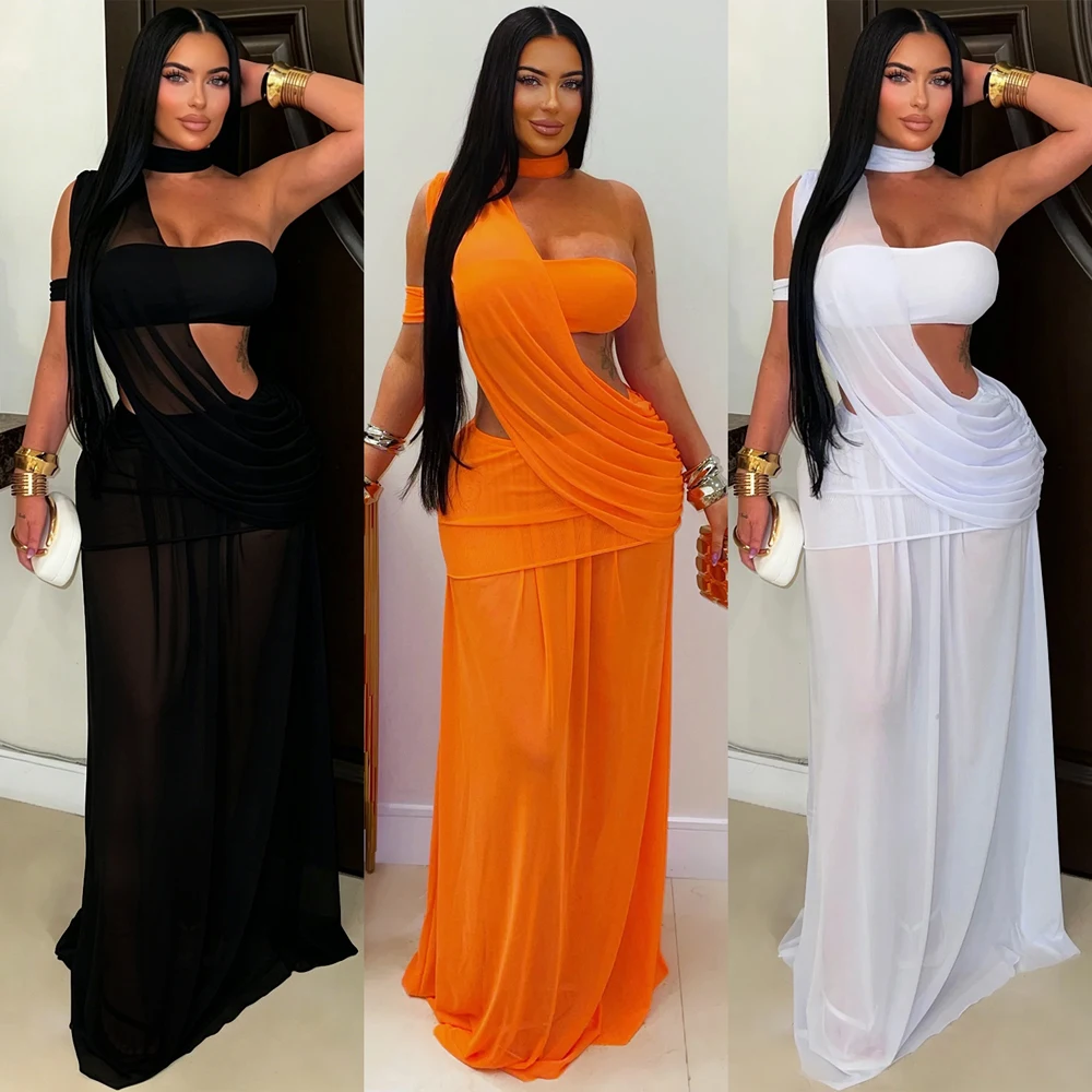NEW Summer Bra Top and Long Skirt Two Piece Matching Ruched Party Dress for Women Clubwear Night Sexy Mesh Sheer Club Dresses