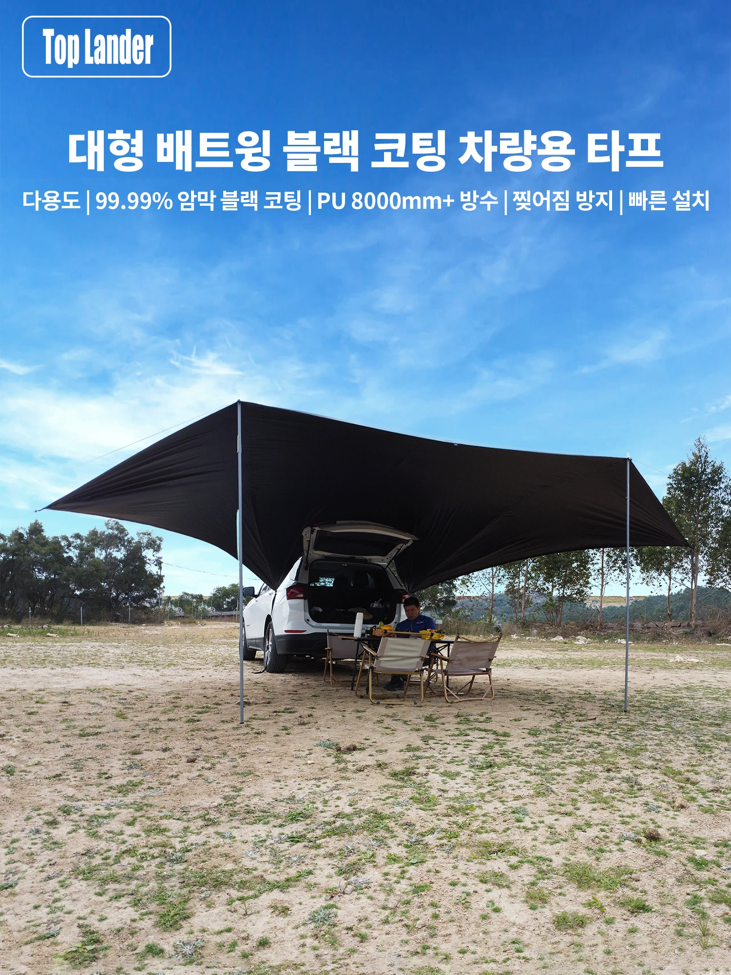 Schwarz Beschichtete Wasserdichte Plane 2,5x4m Auto-Seitenmarkise Sonnenschutz Outdoor Camping Überdachung SUV Zelt UV-Schutz Kofferraum-Abdeckung – Detail 2
