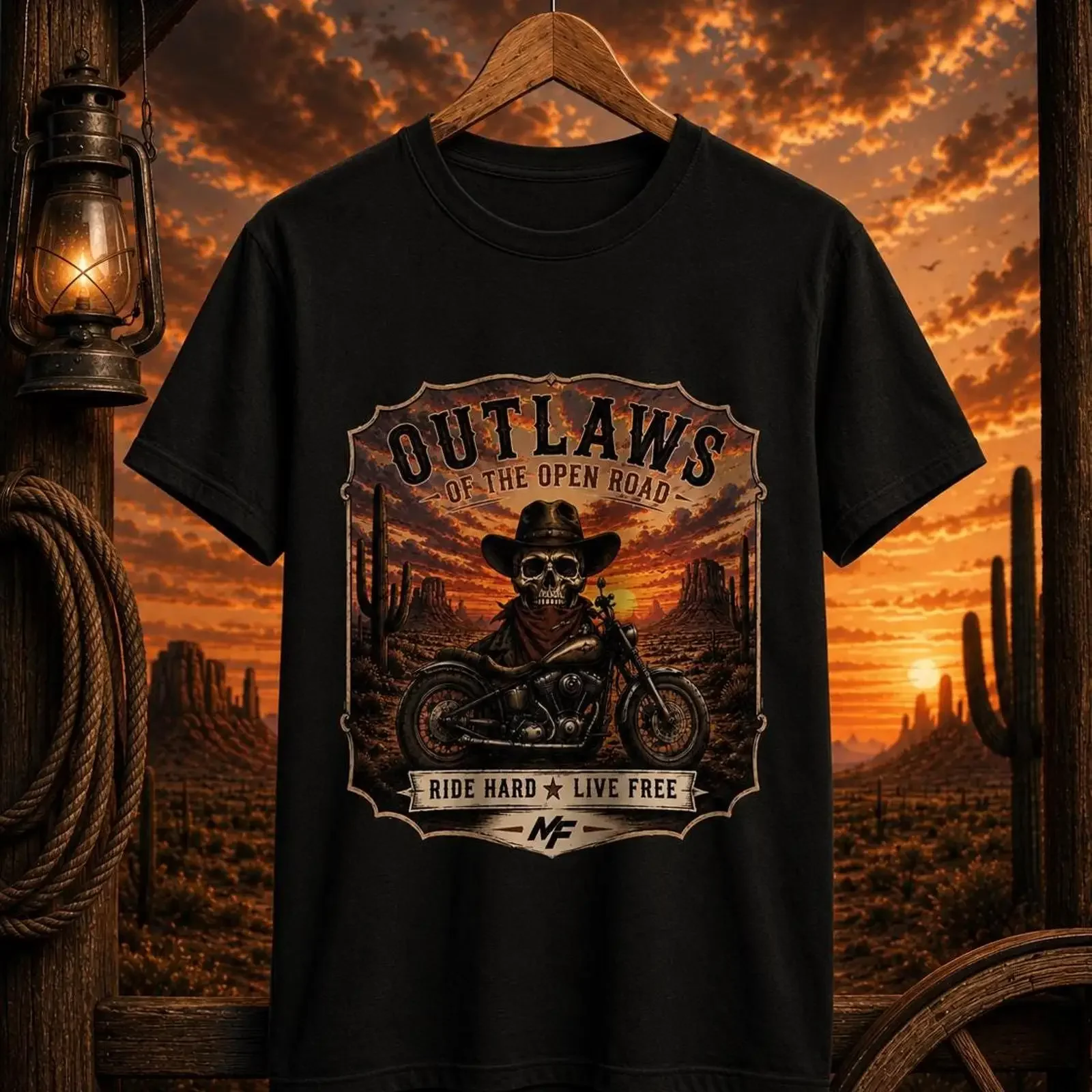 Outlaws Open Road Skull Biker T Shirt Western Desert Sunset  vintage Washed graphic Slightly fashion Top For Everyday Wear