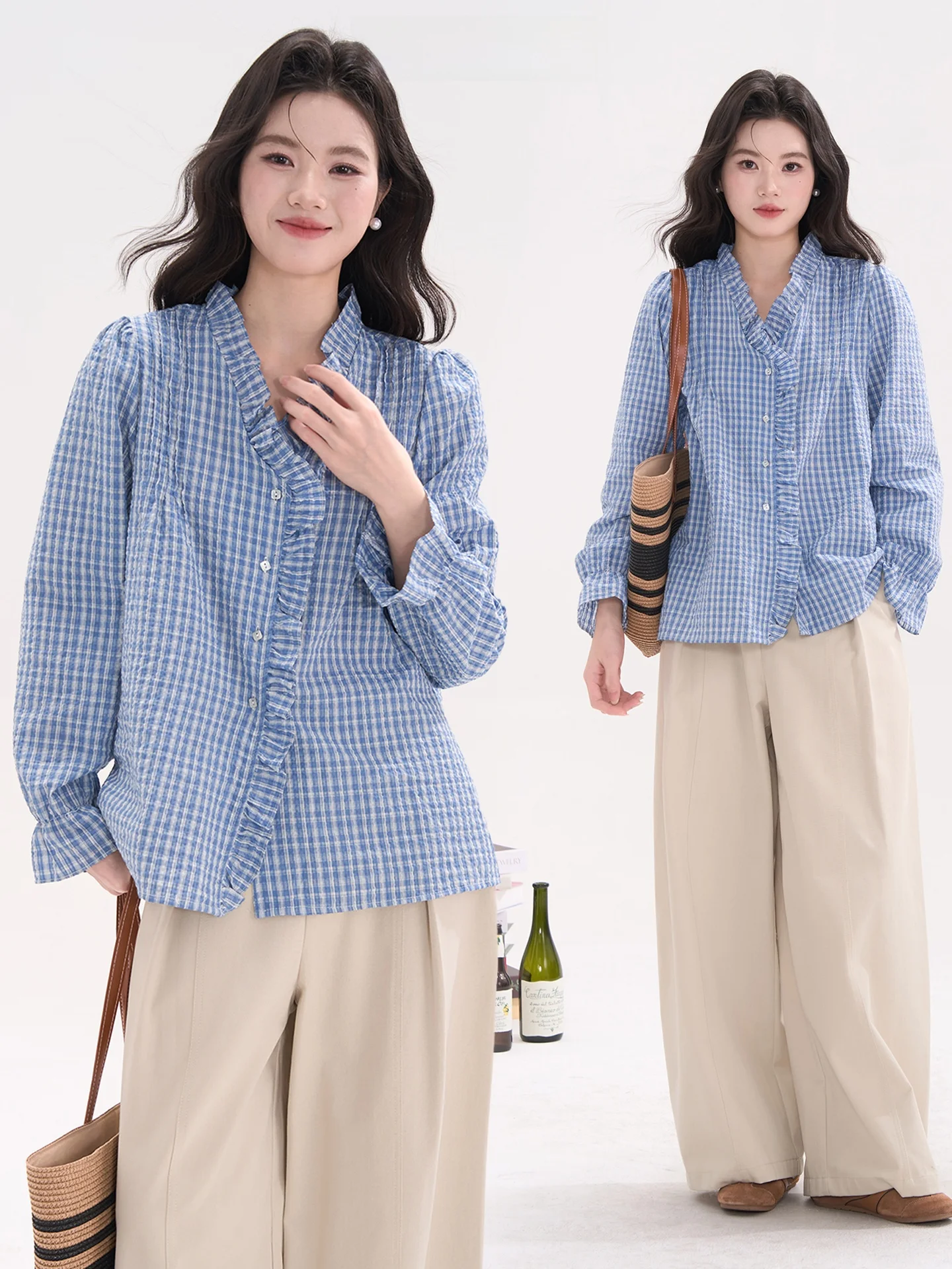 

Heme Korean Sle Light Color Rose Texture Plaid irt Women's Spring Summer Ele Top Flower Field Window Polyester Long S...