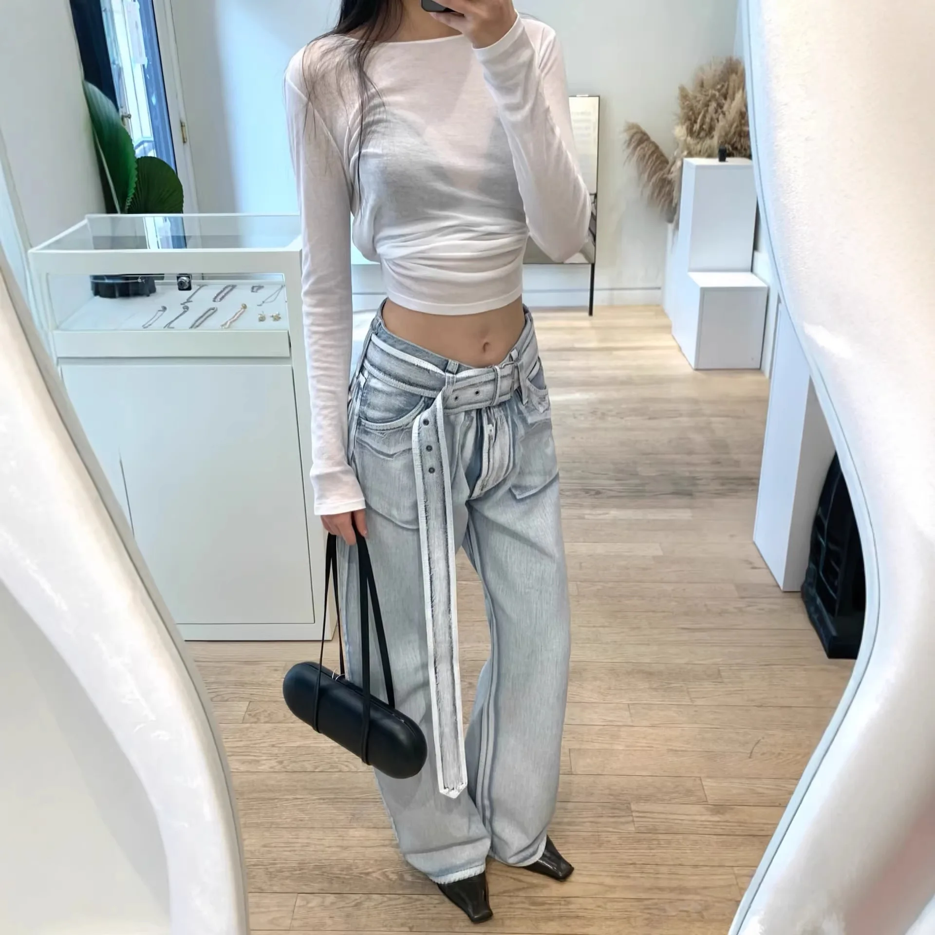 

2026 Spring Vintage Coated Washed Wide Belt Flared Jeans Women High Waist Retro Denim Pants