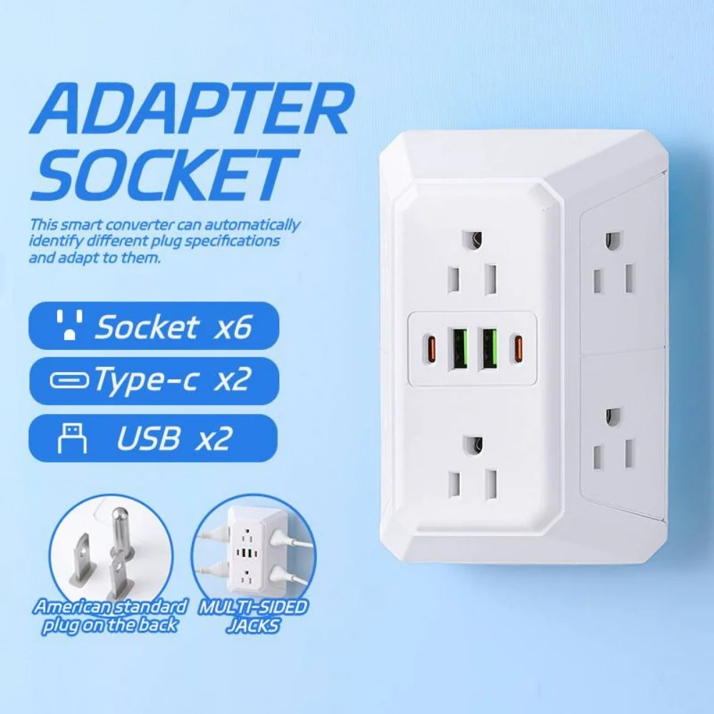 US Plug Power Strip with 6 AC Outlets 4 USB Port(2 Type C), Multi Socket Wall Socket Universal Network Filter Fast Charging