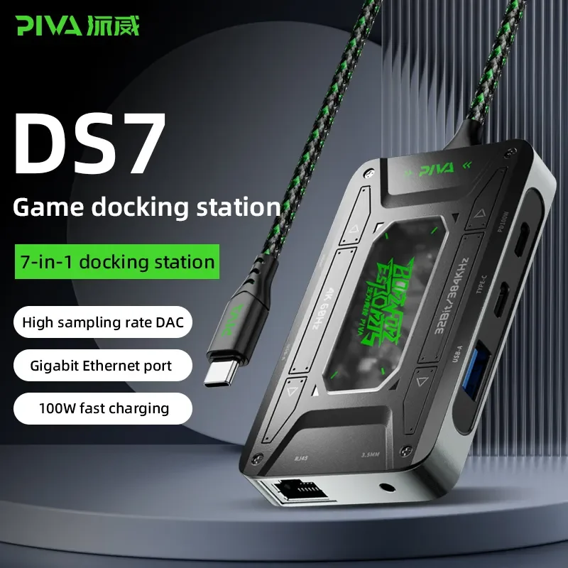 Piva Universal 70 سنتيمتر كابل 7 في 1 3.5 مللي متر 32Bit/384 كيلو هرتز محول الصوت Type-C إلى USB Hub نوع C 5Gpbs محطة الإرساء 1000 متر Rj45 Lan