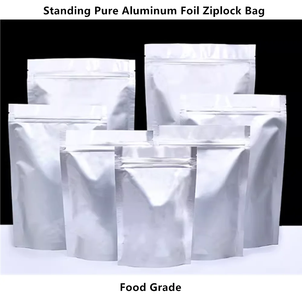 

100pcs Silvery White Standing Up Pure Aluminum Foil Ziplock Bags / Stand Purely-foil Plastic Pouches Steak Cooked Food Packaging