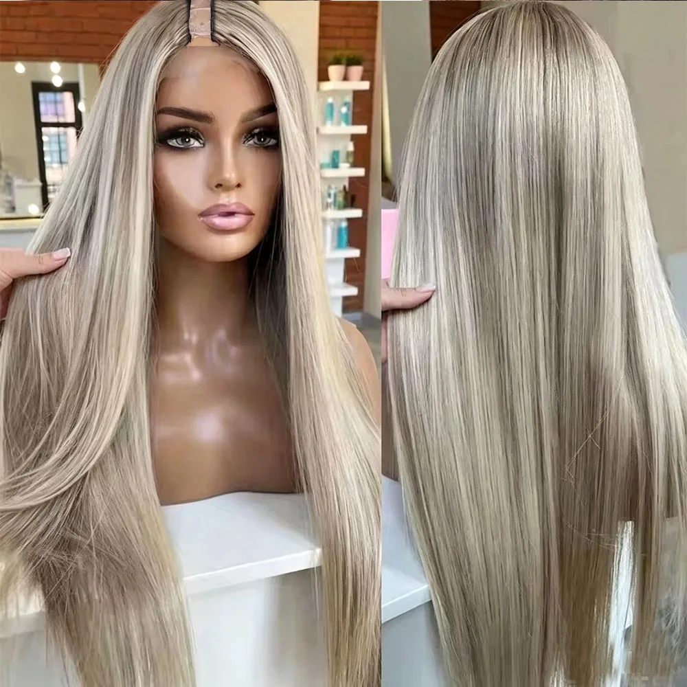 Aschblonde Highlights Balayage Klebefreie Knochenglatte U-Part-Perücke Weiche 100% Echthaar-Perücke V-Part-Perücke für Frauen – Detail 3
