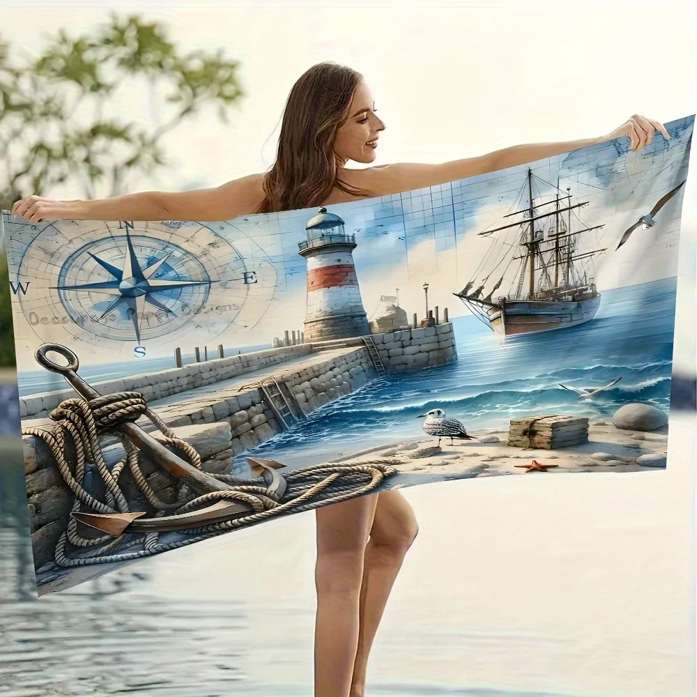 Nautical Beach Towel with Lighthouse Ship Compass Anchor Design Soft Microfiber Hand Wash Only Perfect for Summer Fun