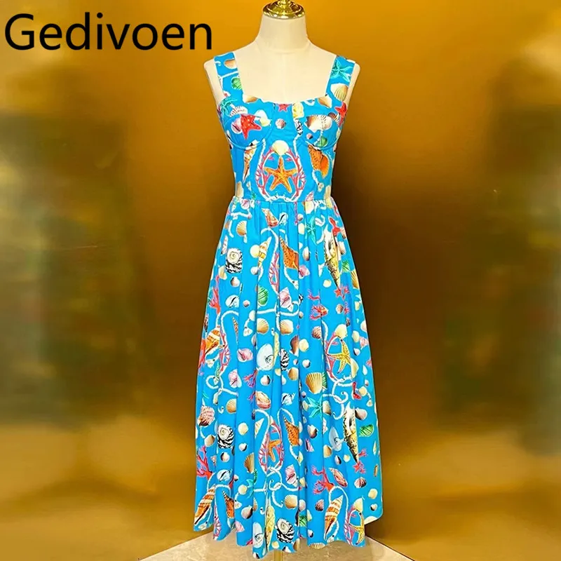 

Gedivoen Summer Fashion Runway Designer Dresses Women's Bohemian Beach Print Elastic Waist Spaghetti Strap Backless Dresses