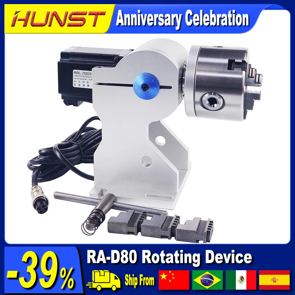 Hunst Rotary Attachment MAX Diameter 80mm Rotary Device with Three Chuck +DM5042 Driver for UV CO2 & Fiber Laser Marking Machine