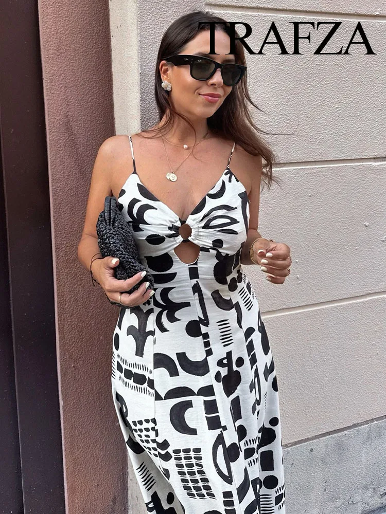 

HH Women Fashion V-neck Hollow Out Design Graffiti Printed Sleeveless Dress Female Elegant Sexy Backless Lace-up Long Dress