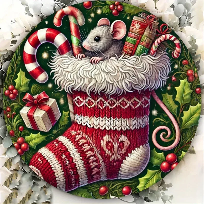 2D Flat, A 2D Printed 1pc Round Red Christmas Stocking Wooden Art Piece Featuring a Santa Hat and Candy Cane Design, with a Whit