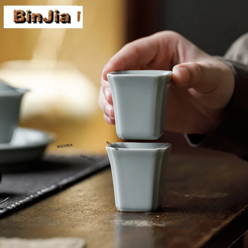 BAEJORIA 2pc/lot Sky Blue Ru Kiln Porcelain Square Teacup Ancient Tea Bowl Sample Tea Cup Tea-tasting Personal Cups Gifts 30ml
