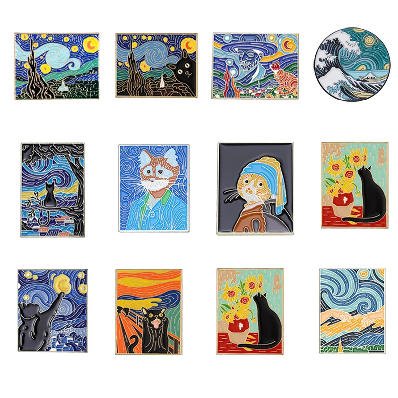 Oil Painting Enamel Pin Brooch Black Cat Artist Van Gogh Art Starry Sky Wave Lapel Badges Jewelry Custom Backpack Accessories