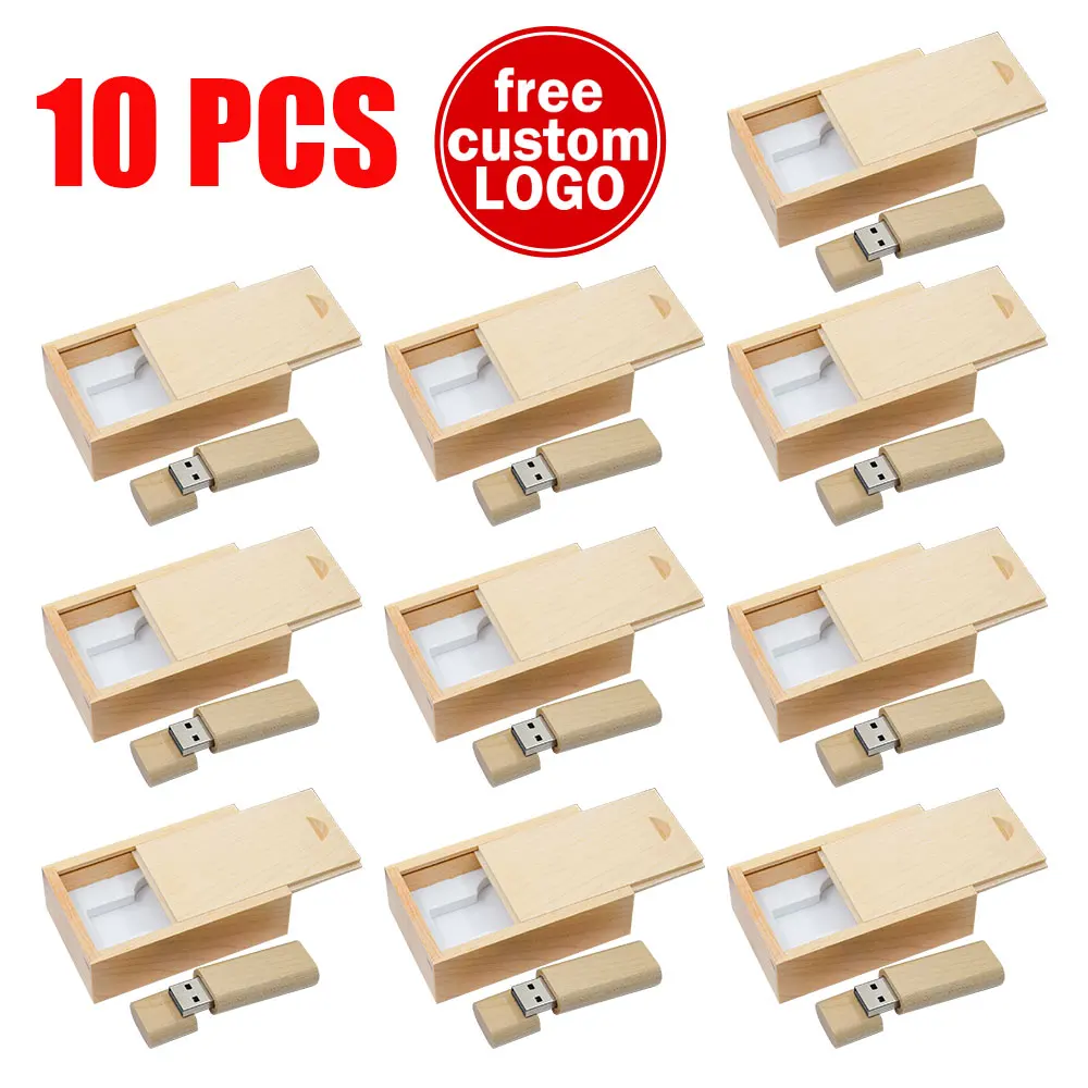 10PCS/LOT Wooden USB Flash Drive 128GB Pen Drive 64GB 32GB 4GB Memory Stick Wooden Box Free Custom Logo Creative Business Gifts